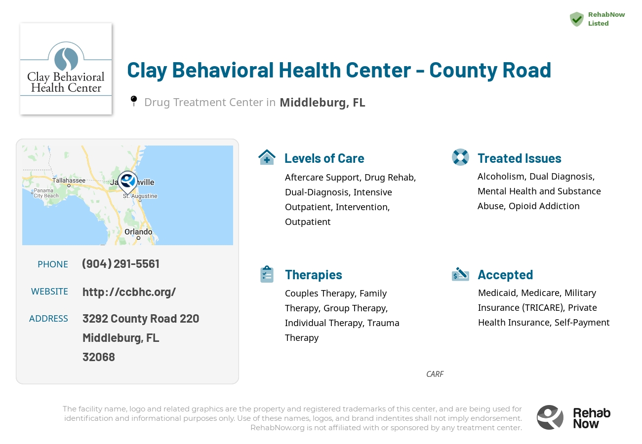 Helpful reference information for Clay Behavioral Health Center - County Road, a drug treatment center in Florida located at: 3292 County Road 220, Middleburg, FL, 32068, including phone numbers, official website, and more. Listed briefly is an overview of Levels of Care, Therapies Offered, Issues Treated, and accepted forms of Payment Methods.
