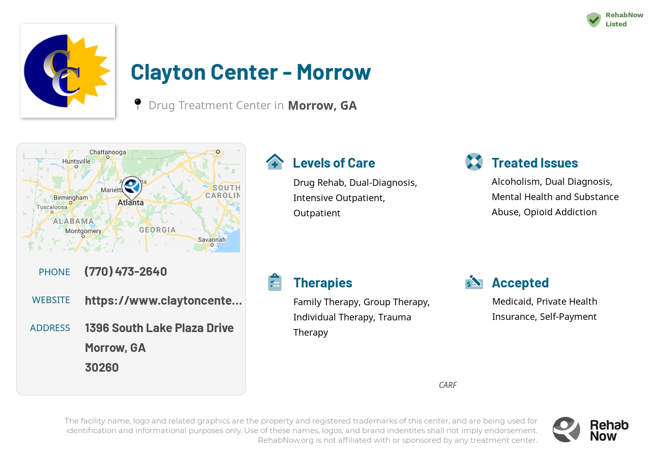 Helpful reference information for Clayton Center - Morrow, a drug treatment center in Georgia located at: 1396 South Lake Plaza Drive, Morrow, GA 30260, including phone numbers, official website, and more. Listed briefly is an overview of Levels of Care, Therapies Offered, Issues Treated, and accepted forms of Payment Methods.