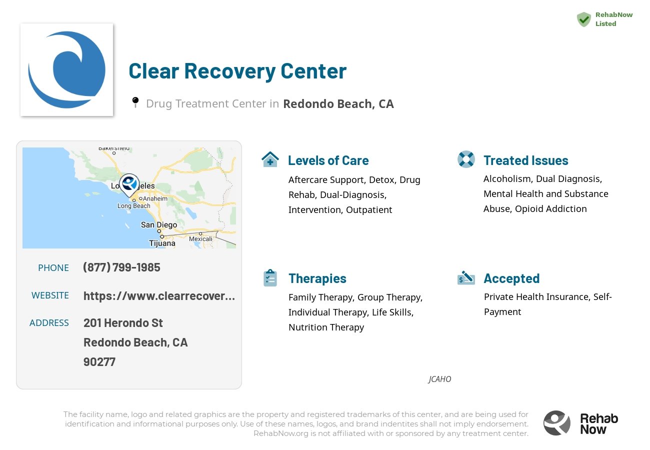 Helpful reference information for Clear Recovery Center, a drug treatment center in California located at: 201 Herondo St, Redondo Beach, CA 90277, including phone numbers, official website, and more. Listed briefly is an overview of Levels of Care, Therapies Offered, Issues Treated, and accepted forms of Payment Methods.