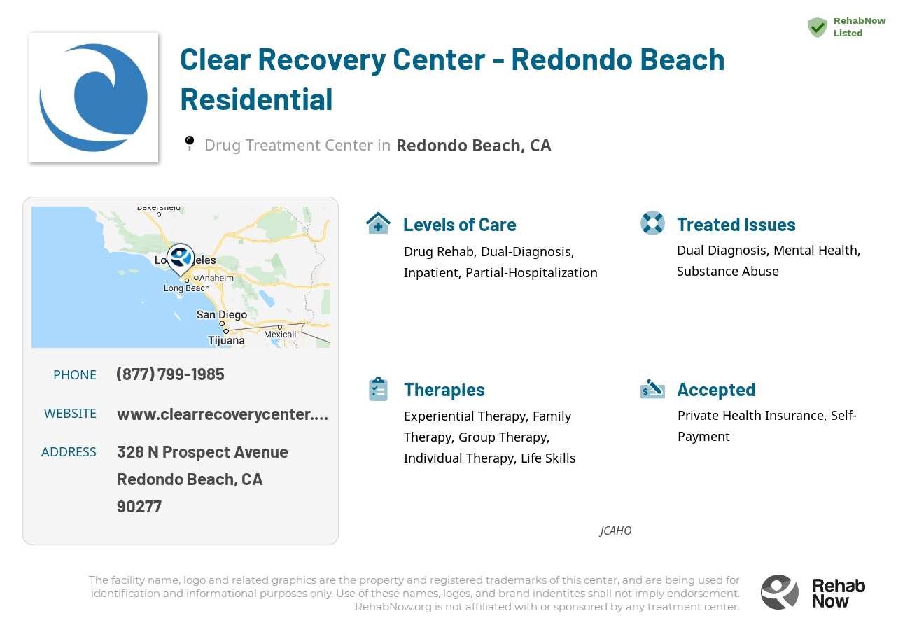 Helpful reference information for Clear Recovery Center - Redondo Beach Residential, a drug treatment center in California located at: 328 N Prospect Avenue, Redondo Beach, CA, 90277, including phone numbers, official website, and more. Listed briefly is an overview of Levels of Care, Therapies Offered, Issues Treated, and accepted forms of Payment Methods.