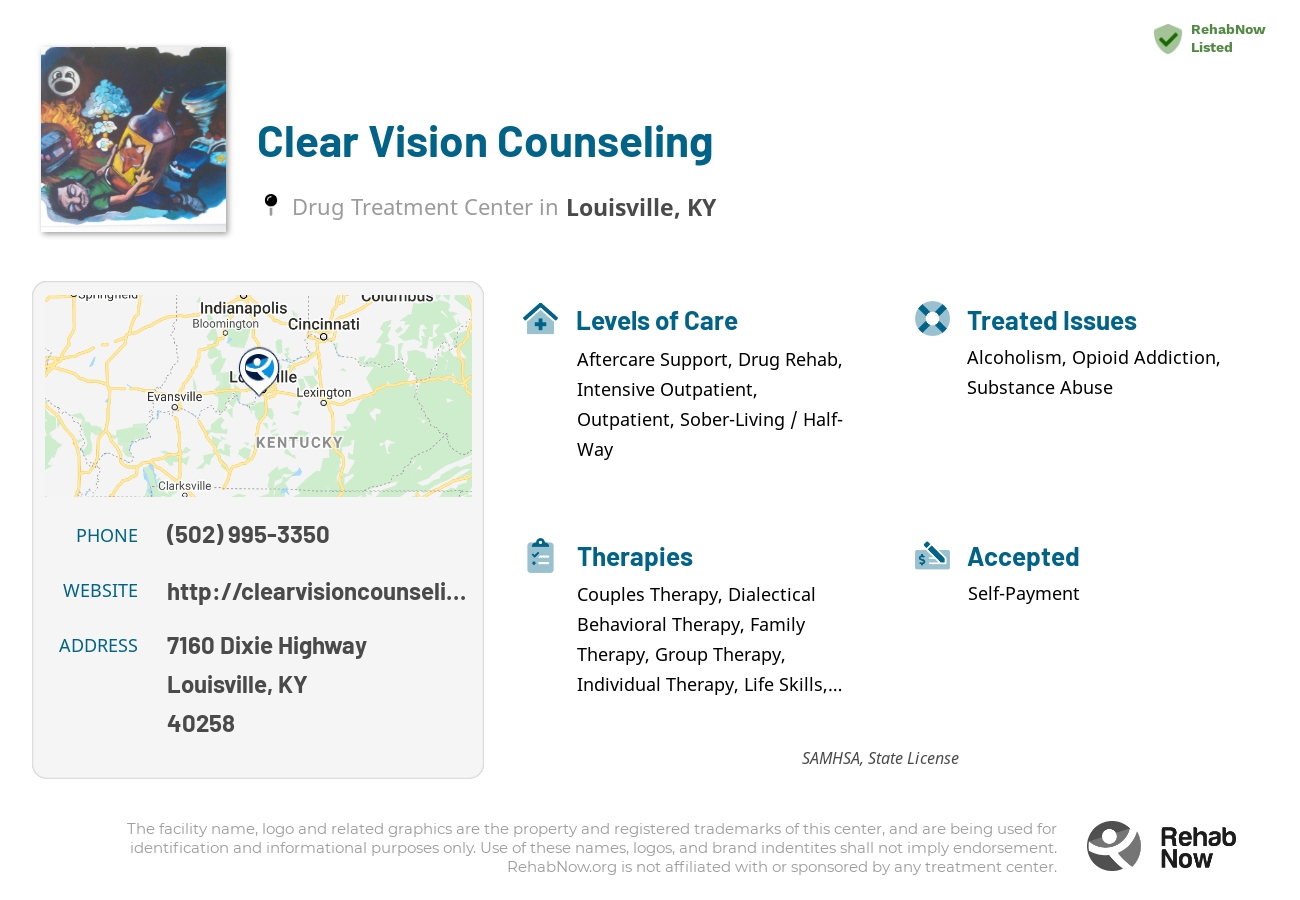 Helpful reference information for Clear Vision Counseling, a drug treatment center in Kentucky located at: 7160 Dixie Highway, Louisville, KY 40258, including phone numbers, official website, and more. Listed briefly is an overview of Levels of Care, Therapies Offered, Issues Treated, and accepted forms of Payment Methods.