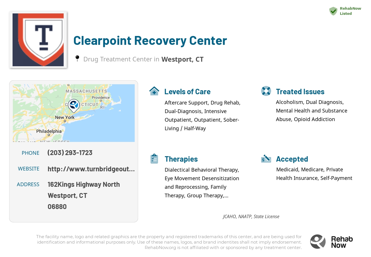 Helpful reference information for Clearpoint Recovery Center, a drug treatment center in Connecticut located at: 162Kings Highway North, Westport, CT, 06880, including phone numbers, official website, and more. Listed briefly is an overview of Levels of Care, Therapies Offered, Issues Treated, and accepted forms of Payment Methods.