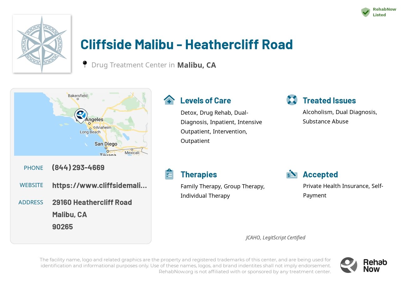 Helpful reference information for Cliffside Malibu - Heathercliff Road, a drug treatment center in California located at: 29160 Heathercliff Road, Suite 100, Malibu, CA, 90265, including phone numbers, official website, and more. Listed briefly is an overview of Levels of Care, Therapies Offered, Issues Treated, and accepted forms of Payment Methods.
