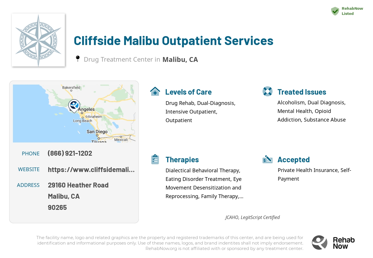 Helpful reference information for Cliffside Malibu Outpatient Services, a drug treatment center in California located at: 29160 Heather Road, Malibu, CA, 90265, including phone numbers, official website, and more. Listed briefly is an overview of Levels of Care, Therapies Offered, Issues Treated, and accepted forms of Payment Methods.