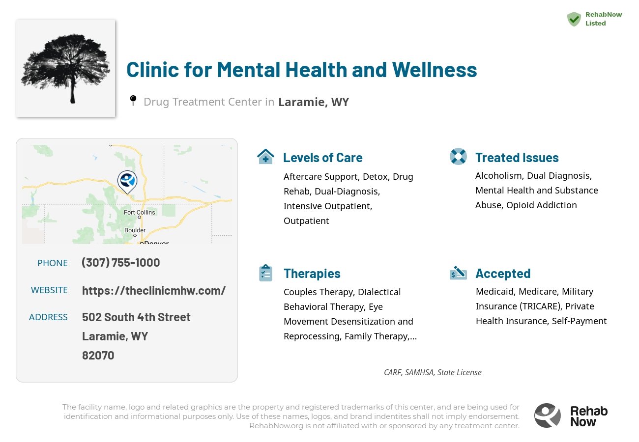 Helpful reference information for Clinic for Mental Health and Wellness, a drug treatment center in Wyoming located at: 502 502 South 4th Street, Laramie, WY 82070, including phone numbers, official website, and more. Listed briefly is an overview of Levels of Care, Therapies Offered, Issues Treated, and accepted forms of Payment Methods.