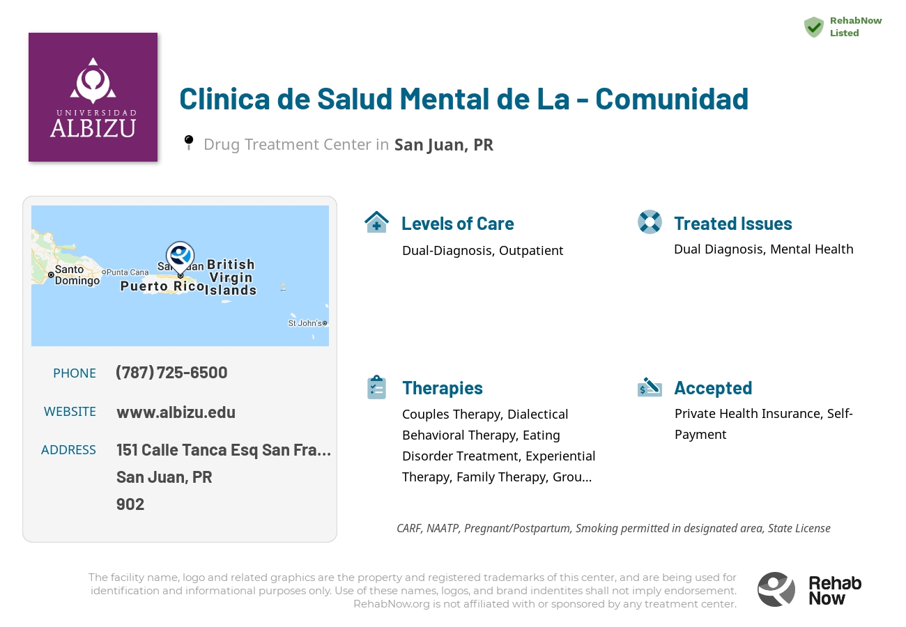 Helpful reference information for Clinica de Salud Mental de La - Comunidad, a drug treatment center in Puerto Rico located at: 151 Calle Tanca Esq San Francisco, San Juan, PR, 00902, including phone numbers, official website, and more. Listed briefly is an overview of Levels of Care, Therapies Offered, Issues Treated, and accepted forms of Payment Methods.