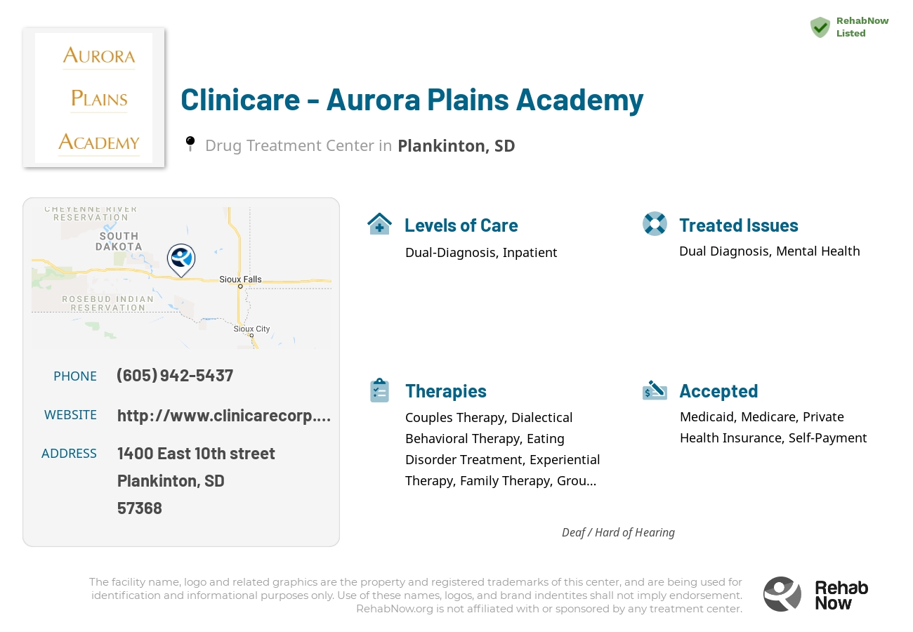 Helpful reference information for Clinicare - Aurora Plains Academy, a drug treatment center in South Dakota located at: 1400 1400 East 10th street, Plankinton, SD 57368, including phone numbers, official website, and more. Listed briefly is an overview of Levels of Care, Therapies Offered, Issues Treated, and accepted forms of Payment Methods.