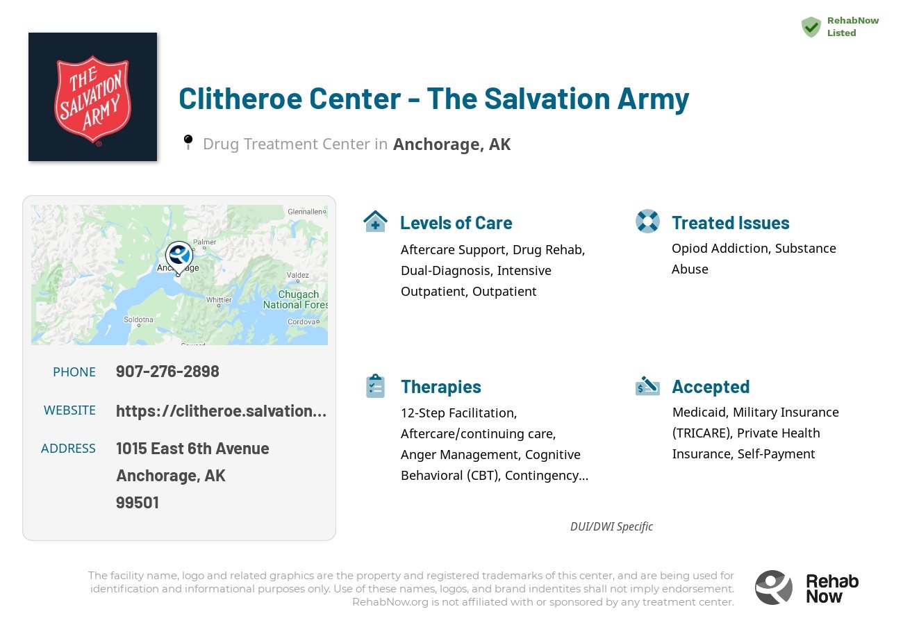 Helpful reference information for Clitheroe Center - The Salvation Army, a drug treatment center in Alaska located at: 1015 East 6th Avenue, Anchorage, AK 99501, including phone numbers, official website, and more. Listed briefly is an overview of Levels of Care, Therapies Offered, Issues Treated, and accepted forms of Payment Methods.