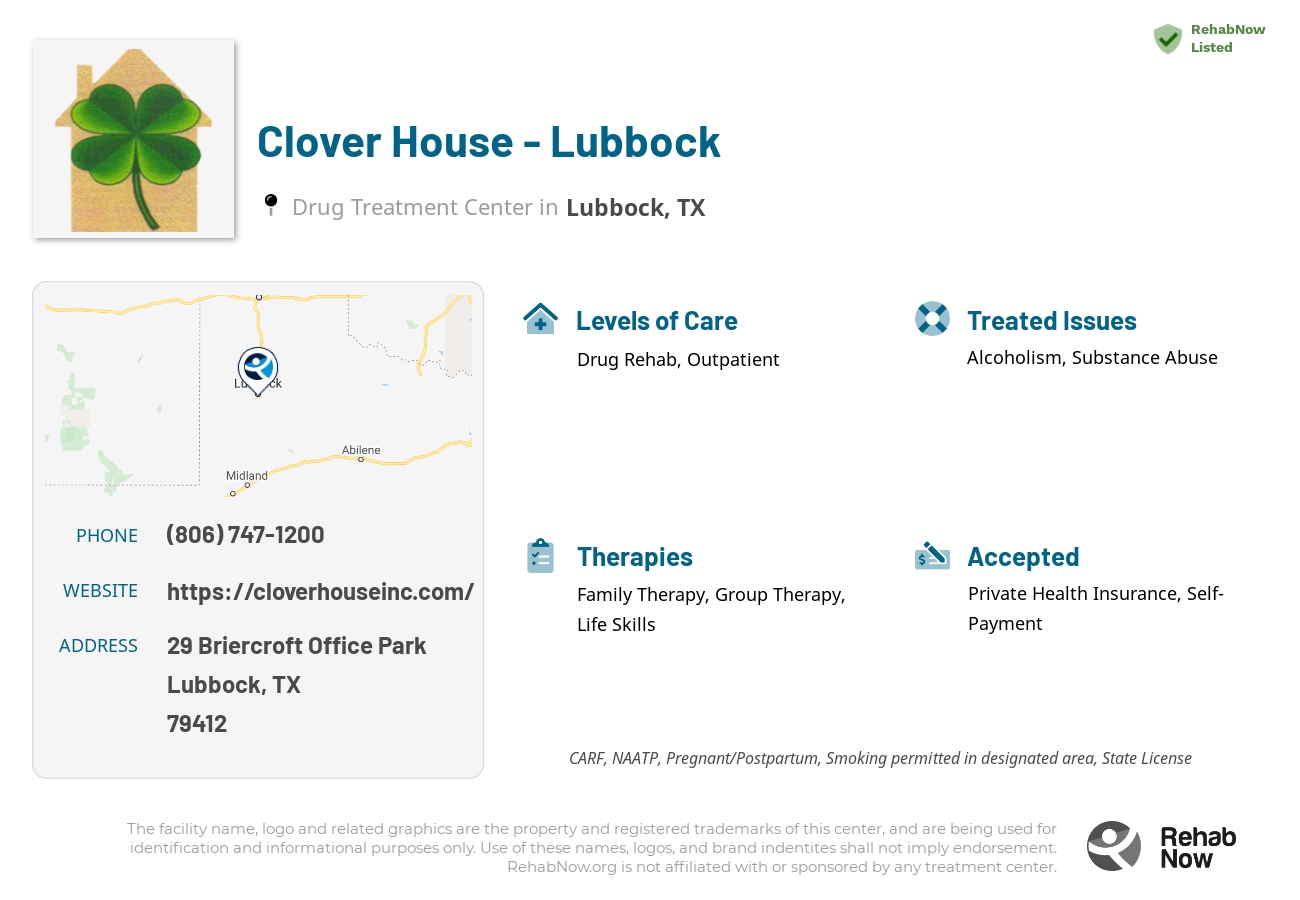 Helpful reference information for Clover House - Lubbock, a drug treatment center in Texas located at: 29 Briercroft Office Park, Lubbock, TX, 79412, including phone numbers, official website, and more. Listed briefly is an overview of Levels of Care, Therapies Offered, Issues Treated, and accepted forms of Payment Methods.