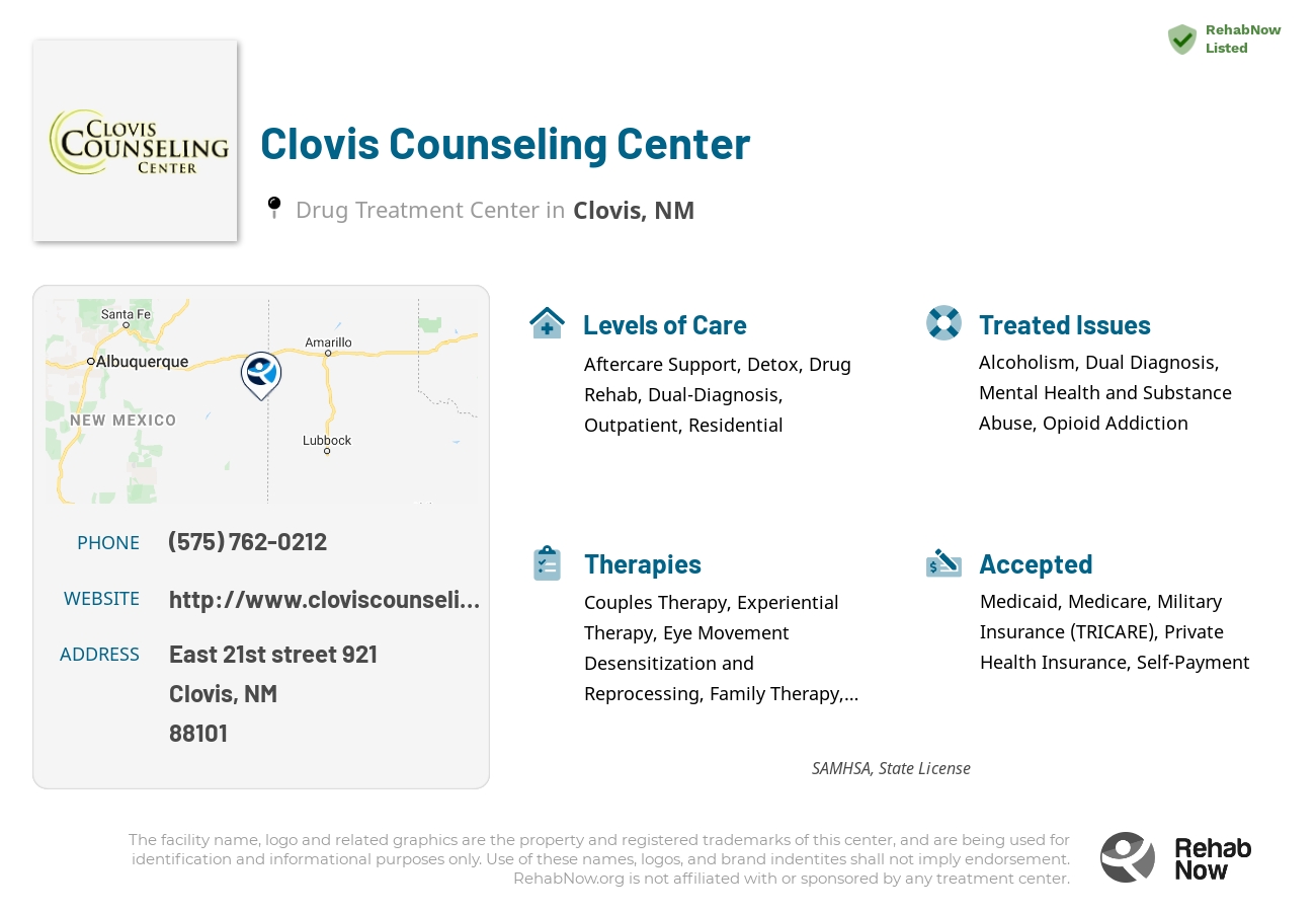 Helpful reference information for Clovis Counseling Center, a drug treatment center in New Mexico located at: East 21st street 921, Clovis, NM 88101, including phone numbers, official website, and more. Listed briefly is an overview of Levels of Care, Therapies Offered, Issues Treated, and accepted forms of Payment Methods.