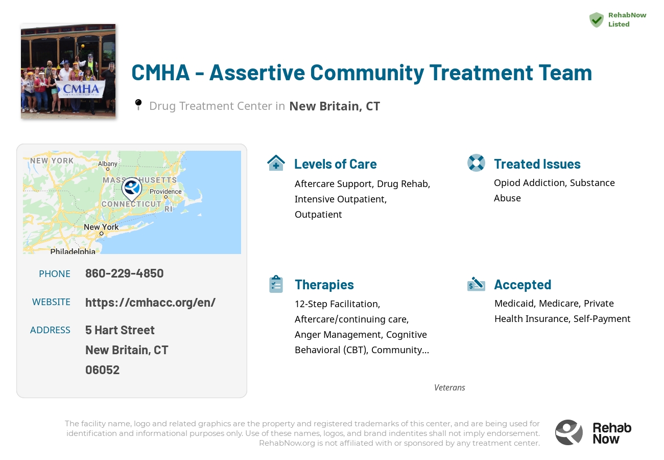 Helpful reference information for CMHA - Assertive Community Treatment Team, a drug treatment center in Connecticut located at: 5 Hart Street, New Britain, CT 06052, including phone numbers, official website, and more. Listed briefly is an overview of Levels of Care, Therapies Offered, Issues Treated, and accepted forms of Payment Methods.