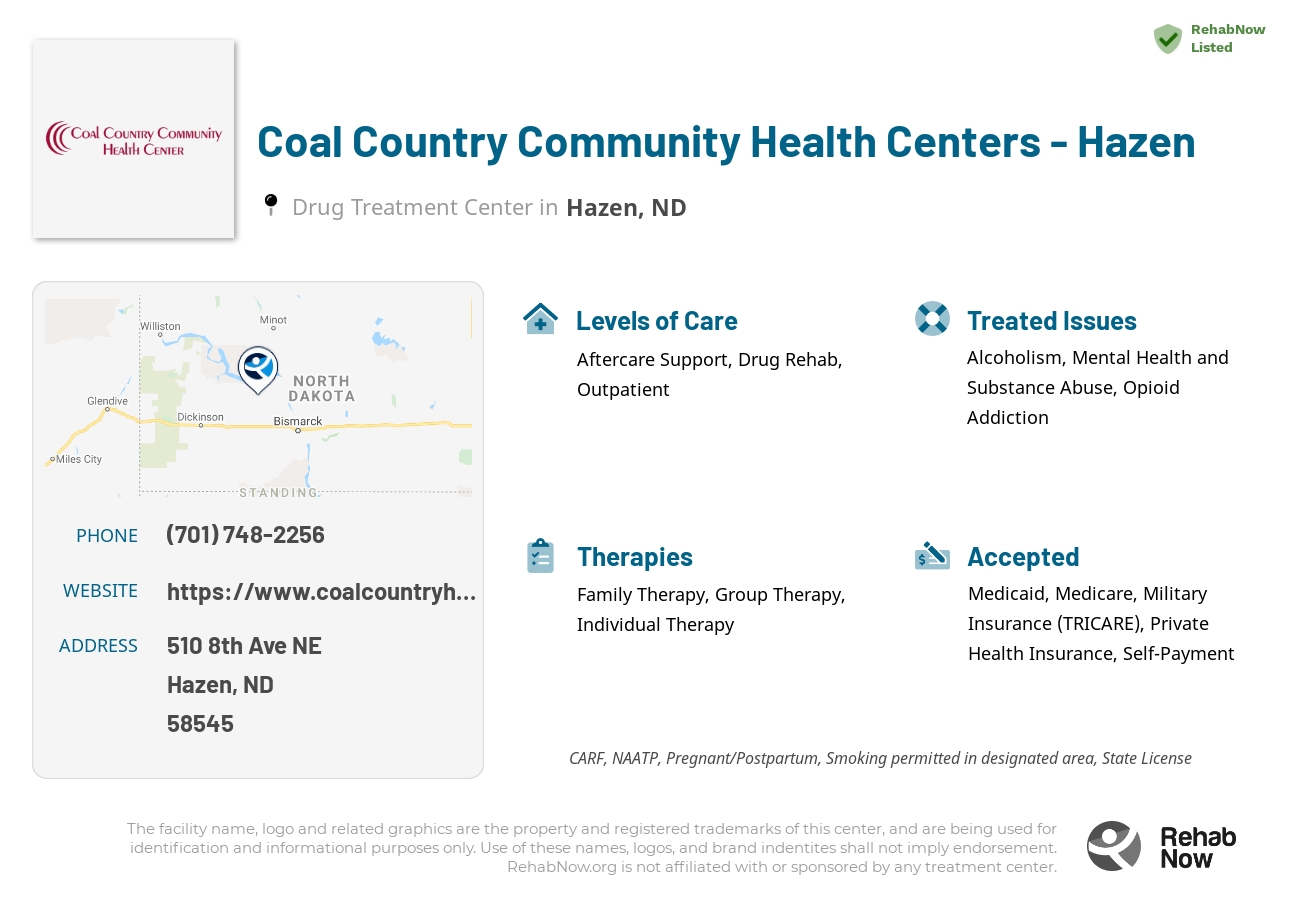 Helpful reference information for Coal Country Community Health Centers - Hazen, a drug treatment center in North Dakota located at: 510 510 8th Ave NE, Hazen, ND 58545, including phone numbers, official website, and more. Listed briefly is an overview of Levels of Care, Therapies Offered, Issues Treated, and accepted forms of Payment Methods.