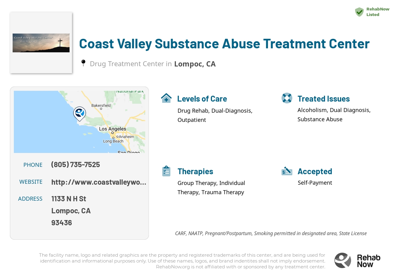 Helpful reference information for Coast Valley Substance Abuse Treatment Center, a drug treatment center in California located at: 1133 N H St, Lompoc, CA 93436, including phone numbers, official website, and more. Listed briefly is an overview of Levels of Care, Therapies Offered, Issues Treated, and accepted forms of Payment Methods.