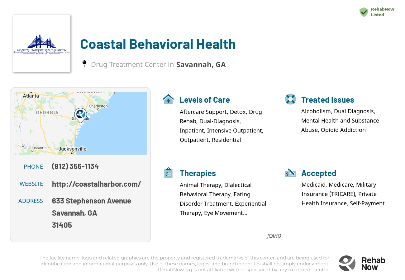 Helpful reference information for Coastal Behavioral Health, a drug treatment center in Georgia located at: 633 633 Stephenson Avenue, Savannah, GA 31405, including phone numbers, official website, and more. Listed briefly is an overview of Levels of Care, Therapies Offered, Issues Treated, and accepted forms of Payment Methods.