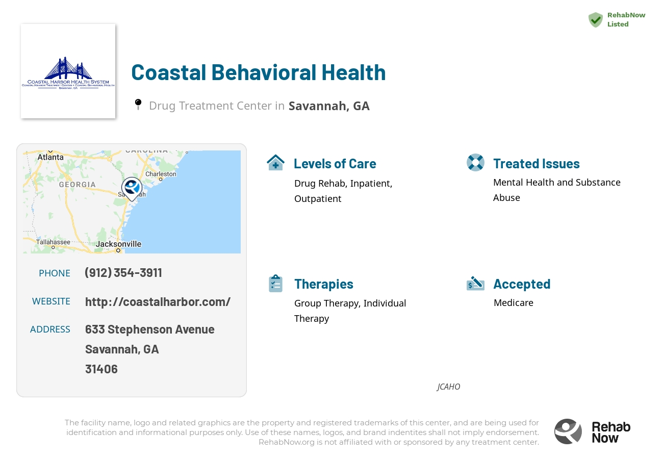 Helpful reference information for Coastal Behavioral Health, a drug treatment center in Georgia located at: 633 Stephenson Avenue, Savannah, GA, 31406, including phone numbers, official website, and more. Listed briefly is an overview of Levels of Care, Therapies Offered, Issues Treated, and accepted forms of Payment Methods.