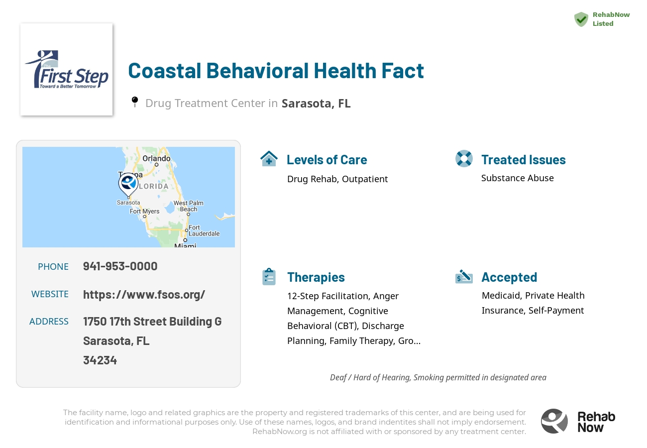 Helpful reference information for Coastal Behavioral Health Fact, a drug treatment center in Florida located at: 1750 17th Street Building G, Sarasota, FL 34234, including phone numbers, official website, and more. Listed briefly is an overview of Levels of Care, Therapies Offered, Issues Treated, and accepted forms of Payment Methods.