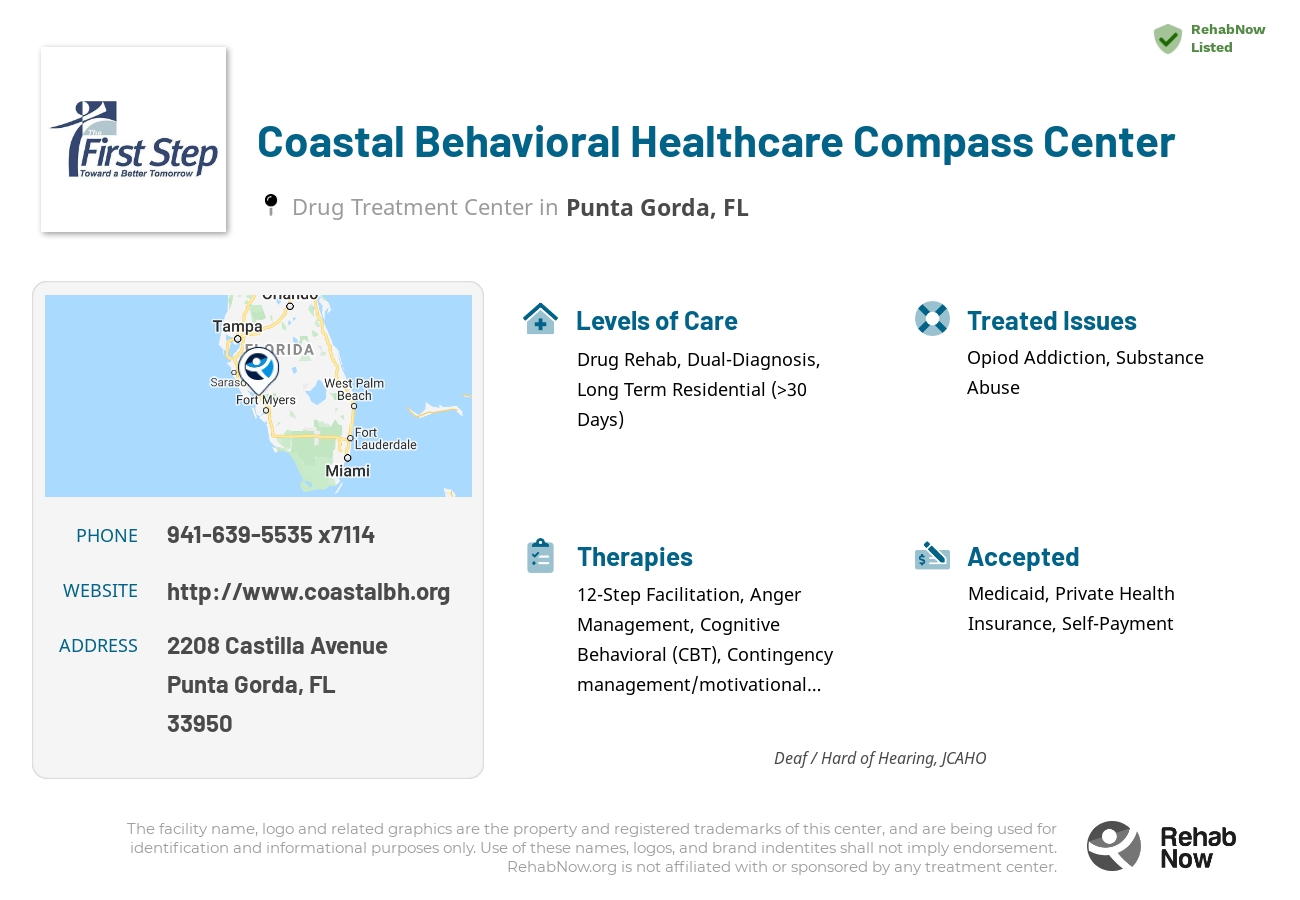 Helpful reference information for Coastal Behavioral Healthcare Compass Center, a drug treatment center in Florida located at: 2208 Castilla Avenue, Punta Gorda, FL 33950, including phone numbers, official website, and more. Listed briefly is an overview of Levels of Care, Therapies Offered, Issues Treated, and accepted forms of Payment Methods.