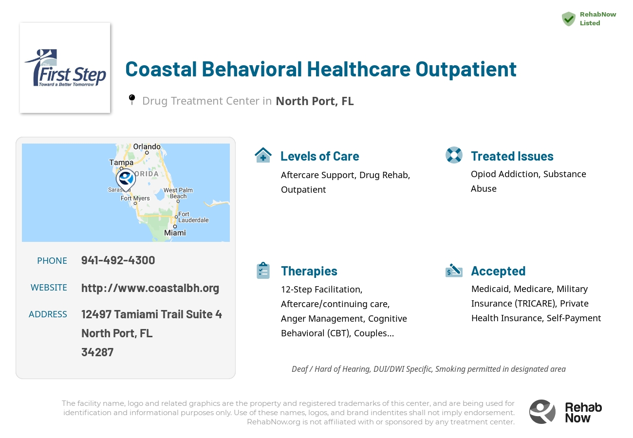 Helpful reference information for Coastal Behavioral Healthcare Outpatient, a drug treatment center in Florida located at: 12497 Tamiami Trail Suite 4, North Port, FL 34287, including phone numbers, official website, and more. Listed briefly is an overview of Levels of Care, Therapies Offered, Issues Treated, and accepted forms of Payment Methods.