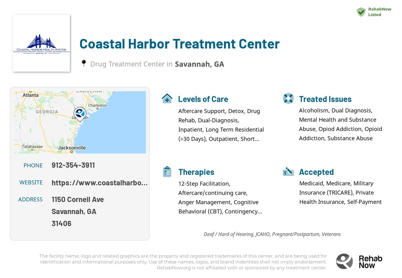 Helpful reference information for Coastal Harbor Treatment Center, a drug treatment center in Georgia located at: 1150 Cornell Ave, Savannah, GA 31406, including phone numbers, official website, and more. Listed briefly is an overview of Levels of Care, Therapies Offered, Issues Treated, and accepted forms of Payment Methods.