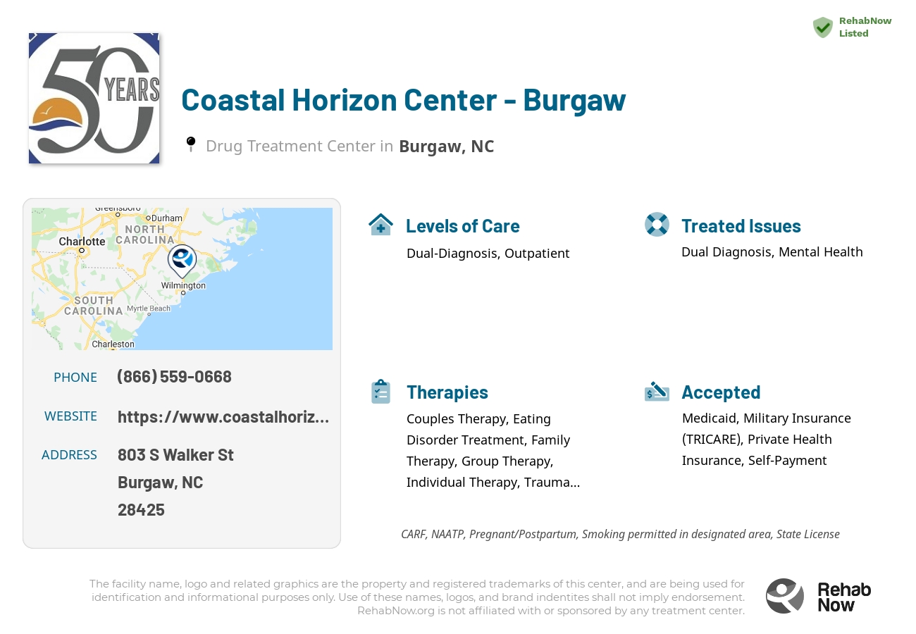 Helpful reference information for Coastal Horizon Center - Burgaw, a drug treatment center in North Carolina located at: 803 S Walker St, Burgaw, NC 28425, including phone numbers, official website, and more. Listed briefly is an overview of Levels of Care, Therapies Offered, Issues Treated, and accepted forms of Payment Methods.
