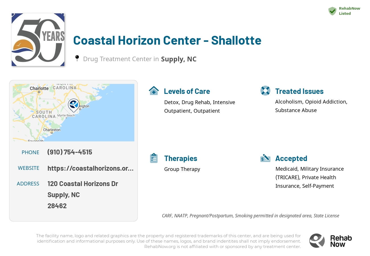 Helpful reference information for Coastal Horizon Center - Shallotte, a drug treatment center in North Carolina located at: 120 Coastal Horizons Dr, Supply, NC 28462, including phone numbers, official website, and more. Listed briefly is an overview of Levels of Care, Therapies Offered, Issues Treated, and accepted forms of Payment Methods.