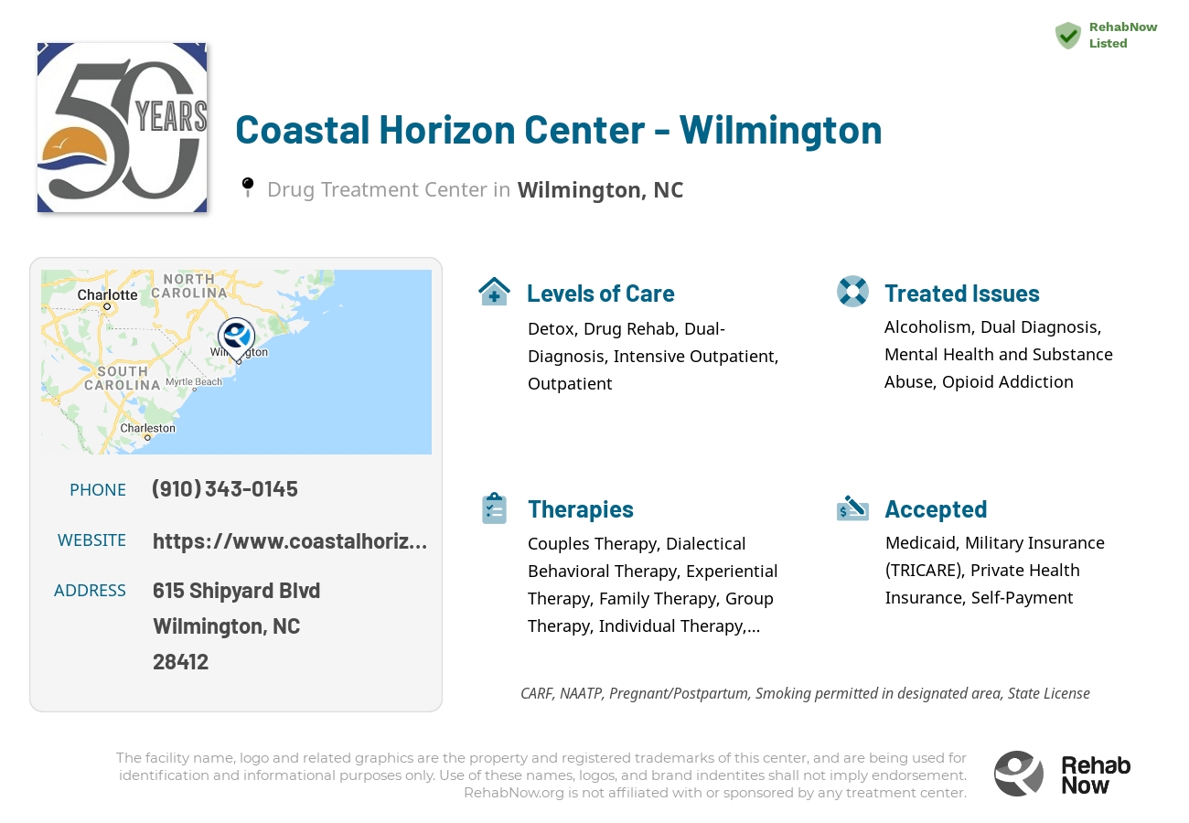 Helpful reference information for Coastal Horizon Center - Wilmington, a drug treatment center in North Carolina located at: 615 Shipyard Blvd, Wilmington, NC 28412, including phone numbers, official website, and more. Listed briefly is an overview of Levels of Care, Therapies Offered, Issues Treated, and accepted forms of Payment Methods.