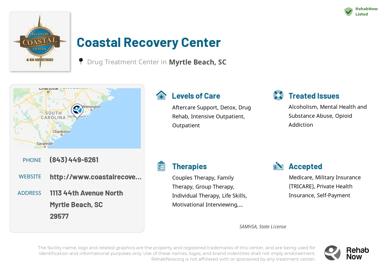 Helpful reference information for Coastal Recovery Center, a drug treatment center in South Carolina located at: 1113 1113 44th Avenue North, Myrtle Beach, SC 29577, including phone numbers, official website, and more. Listed briefly is an overview of Levels of Care, Therapies Offered, Issues Treated, and accepted forms of Payment Methods.