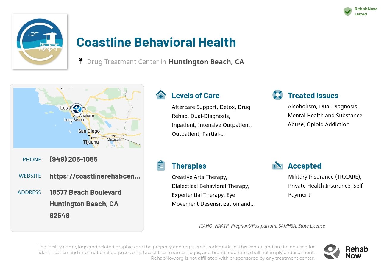Helpful reference information for Coastline Behavioral Health, a drug treatment center in California located at: 18377 Beach Boulevard, Huntington Beach, CA, 92648, including phone numbers, official website, and more. Listed briefly is an overview of Levels of Care, Therapies Offered, Issues Treated, and accepted forms of Payment Methods.