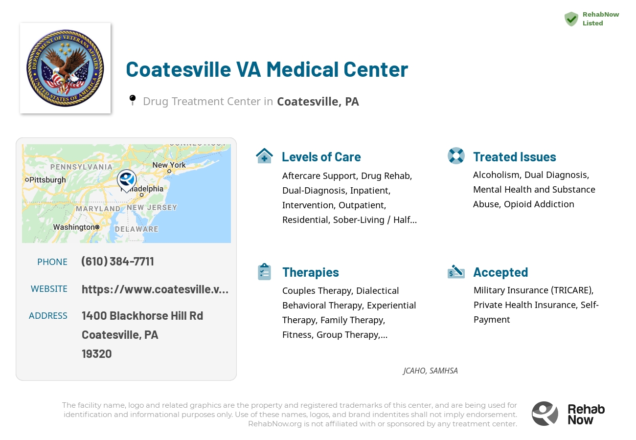 Helpful reference information for Coatesville VA Medical Center, a drug treatment center in Pennsylvania located at: 1400 Blackhorse Hill Rd, Coatesville, PA 19320, including phone numbers, official website, and more. Listed briefly is an overview of Levels of Care, Therapies Offered, Issues Treated, and accepted forms of Payment Methods.