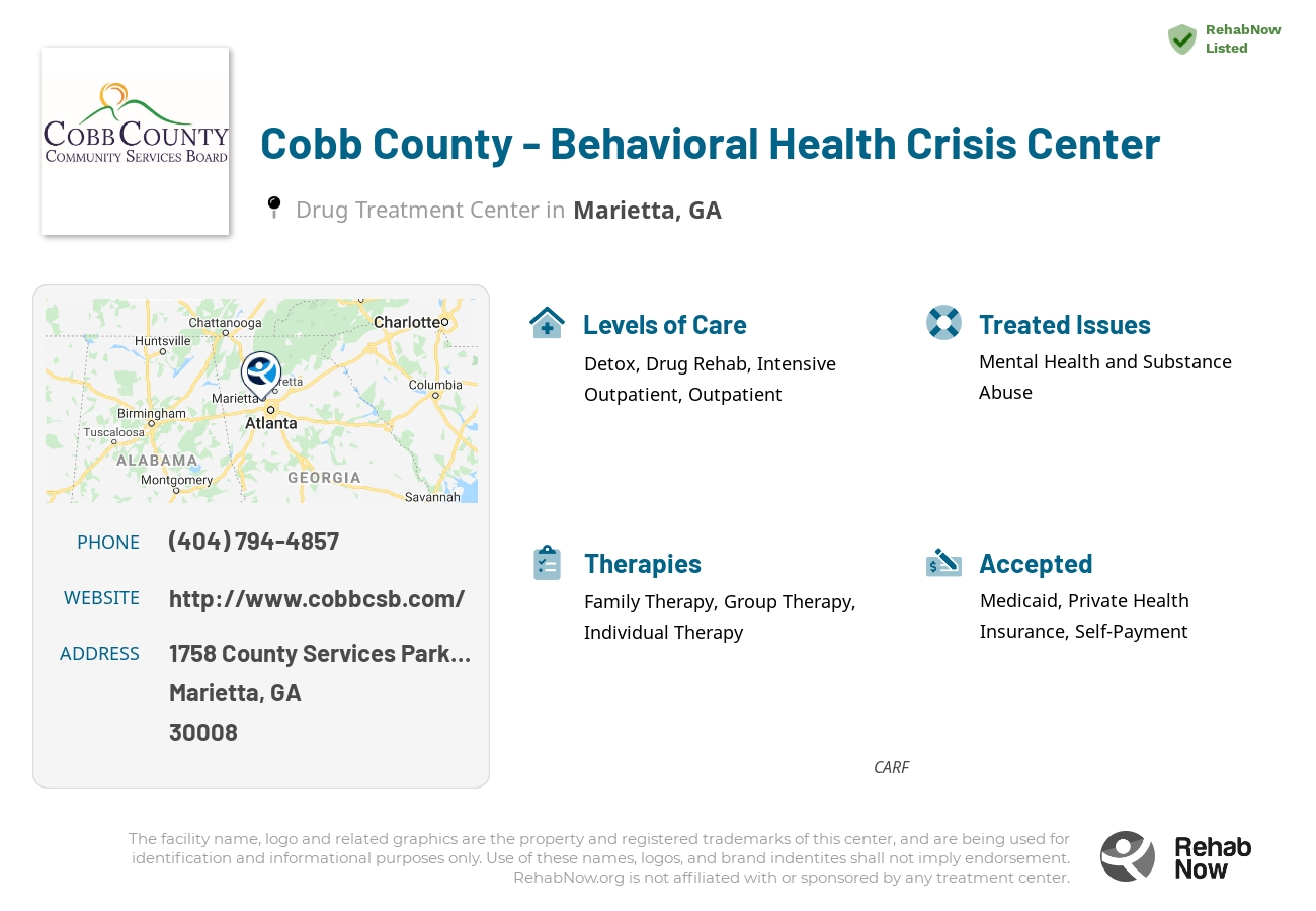 Helpful reference information for Cobb County - Behavioral Health Crisis Center, a drug treatment center in Georgia located at: 1758 1758 County Services Parkway, SE, Marietta, GA 30008, including phone numbers, official website, and more. Listed briefly is an overview of Levels of Care, Therapies Offered, Issues Treated, and accepted forms of Payment Methods.