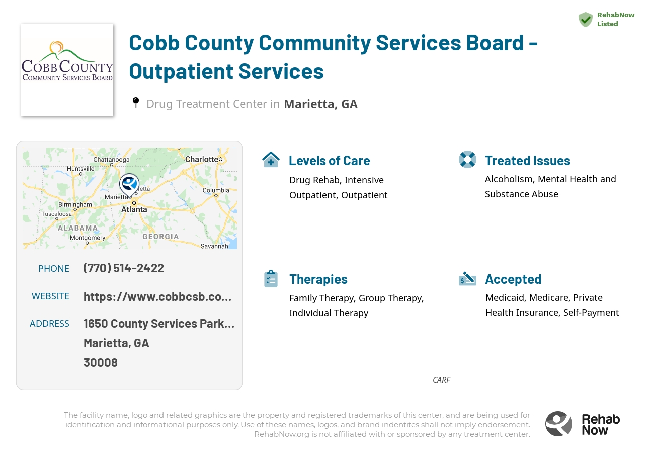 Helpful reference information for Cobb County Community Services Board - Outpatient Services, a drug treatment center in Georgia located at: 1650 1650 County Services Parkway, Marietta, GA 30008, including phone numbers, official website, and more. Listed briefly is an overview of Levels of Care, Therapies Offered, Issues Treated, and accepted forms of Payment Methods.