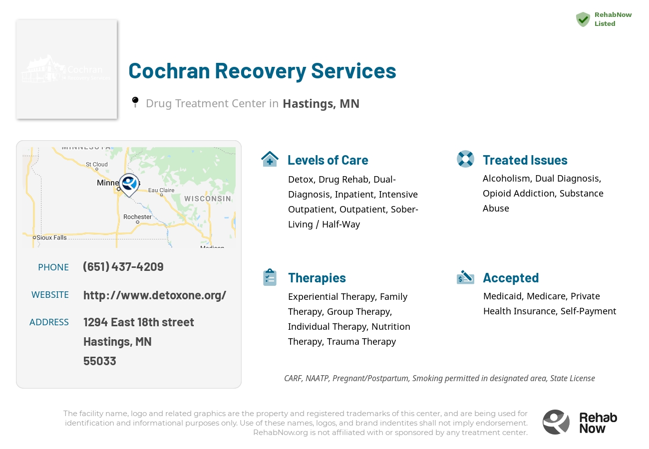 Helpful reference information for Cochran Recovery Services, a drug treatment center in Minnesota located at: 1294 1294 East 18th street, Hastings, MN 55033, including phone numbers, official website, and more. Listed briefly is an overview of Levels of Care, Therapies Offered, Issues Treated, and accepted forms of Payment Methods.
