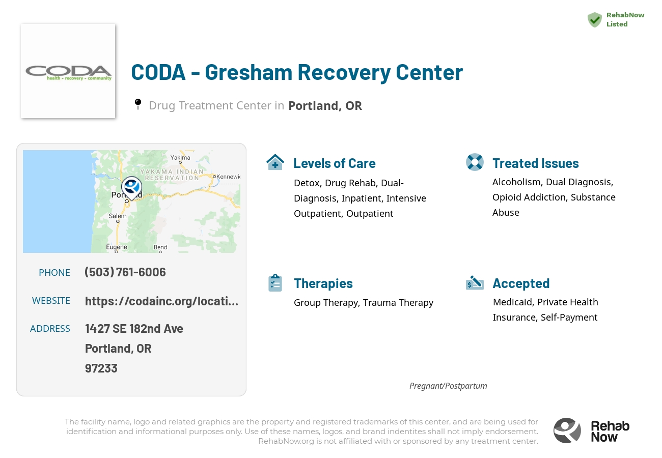Helpful reference information for CODA - Gresham Recovery Center, a drug treatment center in Oregon located at: 1427 SE 182nd Ave, Portland, OR 97233, including phone numbers, official website, and more. Listed briefly is an overview of Levels of Care, Therapies Offered, Issues Treated, and accepted forms of Payment Methods.
