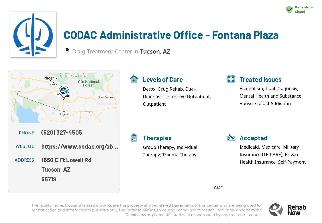 Helpful reference information for CODAC Administrative Office - Fontana Plaza, a drug treatment center in Arizona located at: 1650 E Ft Lowell Rd, Tucson, AZ, 85719, including phone numbers, official website, and more. Listed briefly is an overview of Levels of Care, Therapies Offered, Issues Treated, and accepted forms of Payment Methods.
