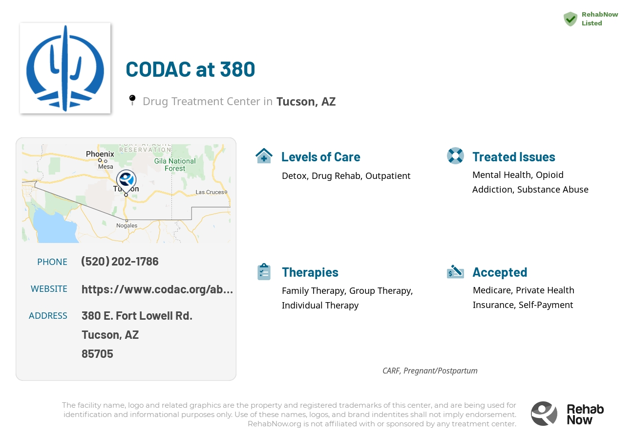 Helpful reference information for CODAC at 380, a drug treatment center in Arizona located at: 380 E. Fort Lowell Rd., Tucson, AZ, 85705, including phone numbers, official website, and more. Listed briefly is an overview of Levels of Care, Therapies Offered, Issues Treated, and accepted forms of Payment Methods.