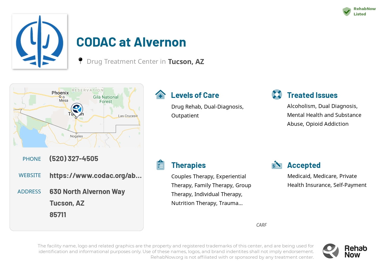 Helpful reference information for CODAC at Alvernon, a drug treatment center in Arizona located at: 630 North Alvernon Way, Tucson, AZ, 85711, including phone numbers, official website, and more. Listed briefly is an overview of Levels of Care, Therapies Offered, Issues Treated, and accepted forms of Payment Methods.