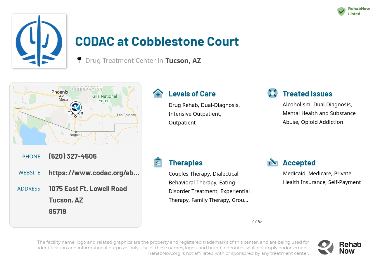 Helpful reference information for CODAC at Cobblestone Court, a drug treatment center in Arizona located at: 1075 East Ft. Lowell Road, Tucson, AZ, 85719, including phone numbers, official website, and more. Listed briefly is an overview of Levels of Care, Therapies Offered, Issues Treated, and accepted forms of Payment Methods.