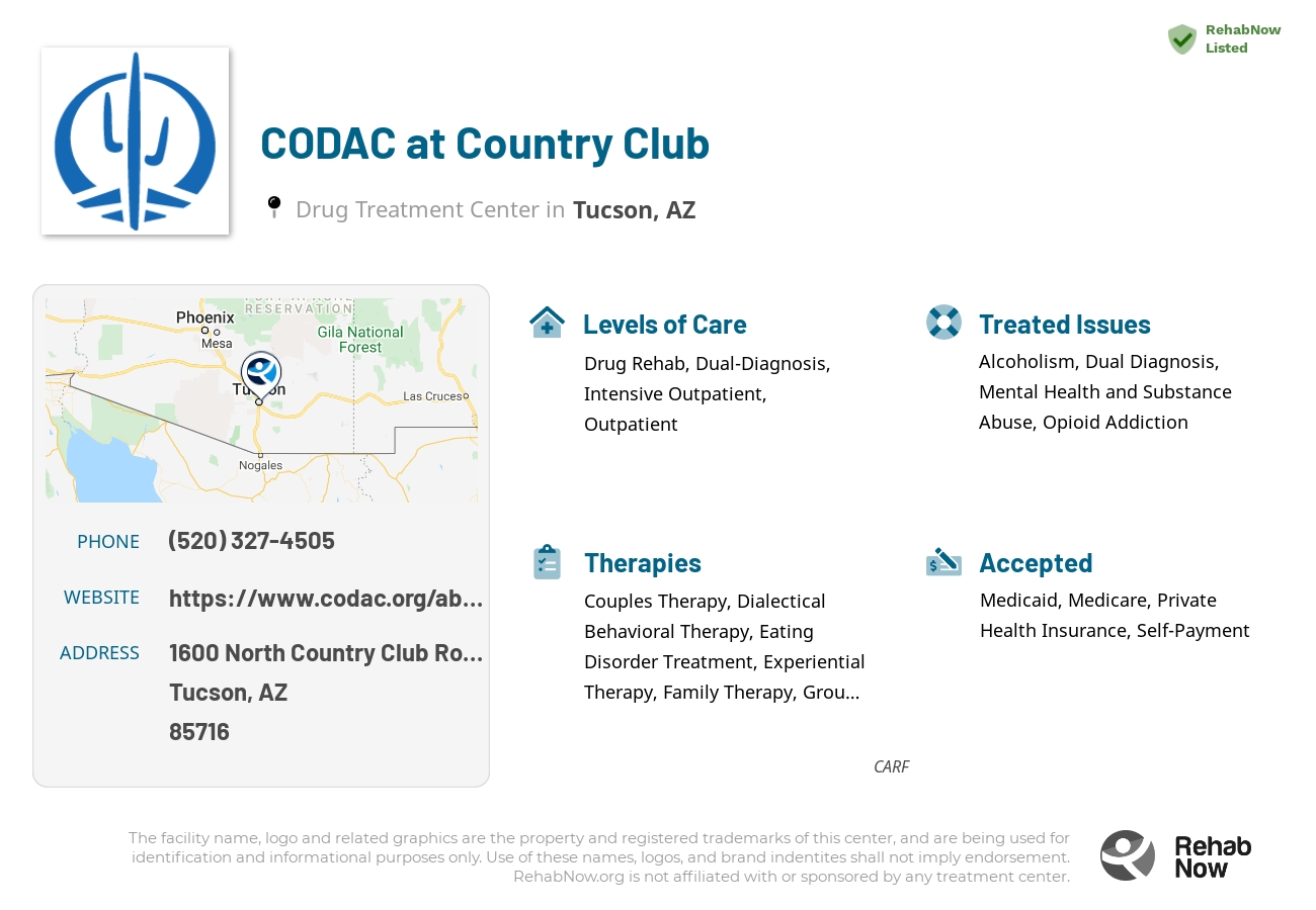Helpful reference information for CODAC at Country Club, a drug treatment center in Arizona located at: 1600 North Country Club Road, Tucson, AZ, 85716, including phone numbers, official website, and more. Listed briefly is an overview of Levels of Care, Therapies Offered, Issues Treated, and accepted forms of Payment Methods.