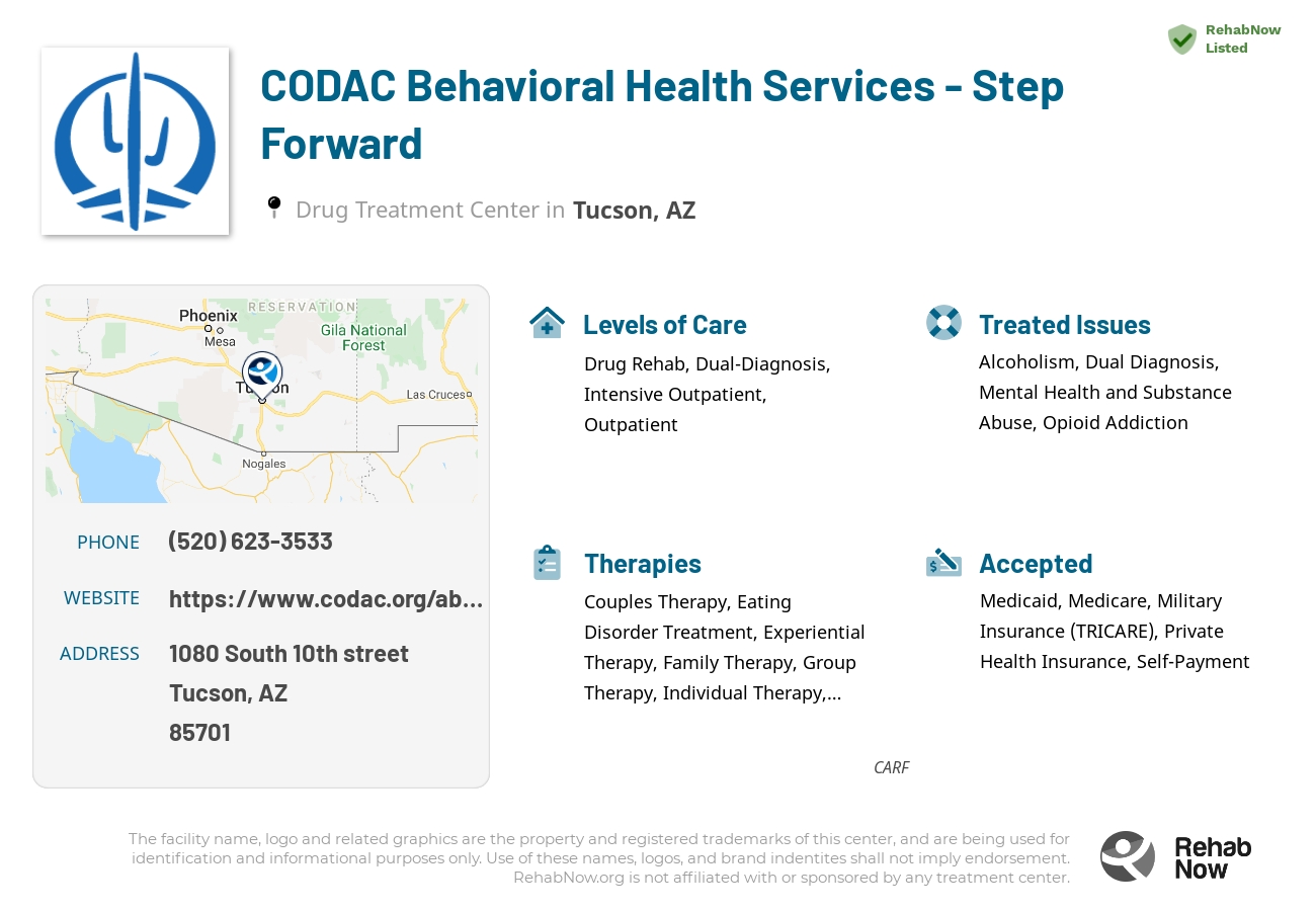Helpful reference information for CODAC Behavioral Health Services - Step Forward, a drug treatment center in Arizona located at: 1080 South 10th street, Tucson, AZ, 85701, including phone numbers, official website, and more. Listed briefly is an overview of Levels of Care, Therapies Offered, Issues Treated, and accepted forms of Payment Methods.