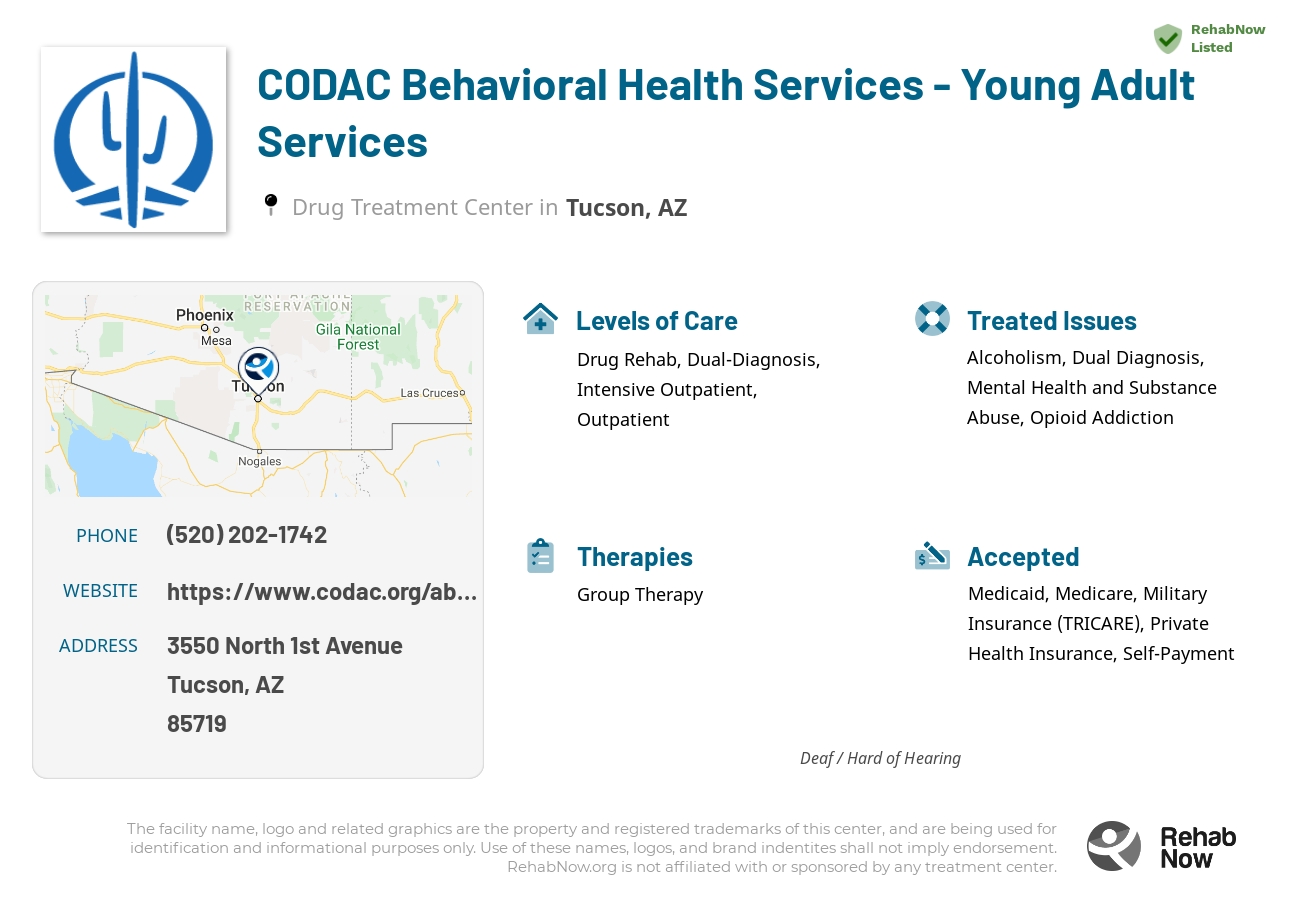 Helpful reference information for CODAC Behavioral Health Services - Young Adult Services, a drug treatment center in Arizona located at: 3550 North 1st Avenue, Tucson, AZ, 85719, including phone numbers, official website, and more. Listed briefly is an overview of Levels of Care, Therapies Offered, Issues Treated, and accepted forms of Payment Methods.