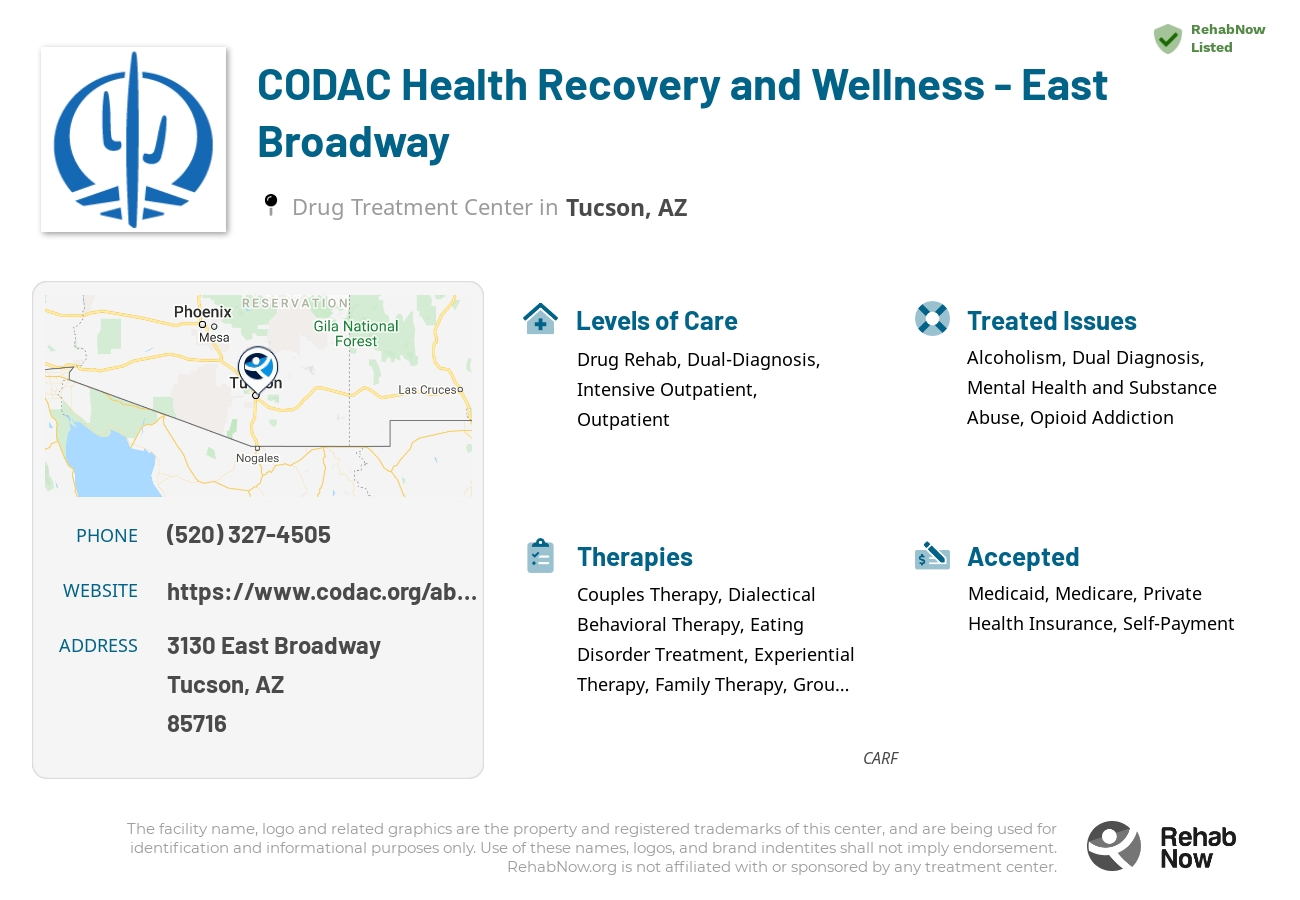 Helpful reference information for CODAC Health Recovery and Wellness - East Broadway, a drug treatment center in Arizona located at: 3130 East Broadway, Tucson, AZ, 85716, including phone numbers, official website, and more. Listed briefly is an overview of Levels of Care, Therapies Offered, Issues Treated, and accepted forms of Payment Methods.