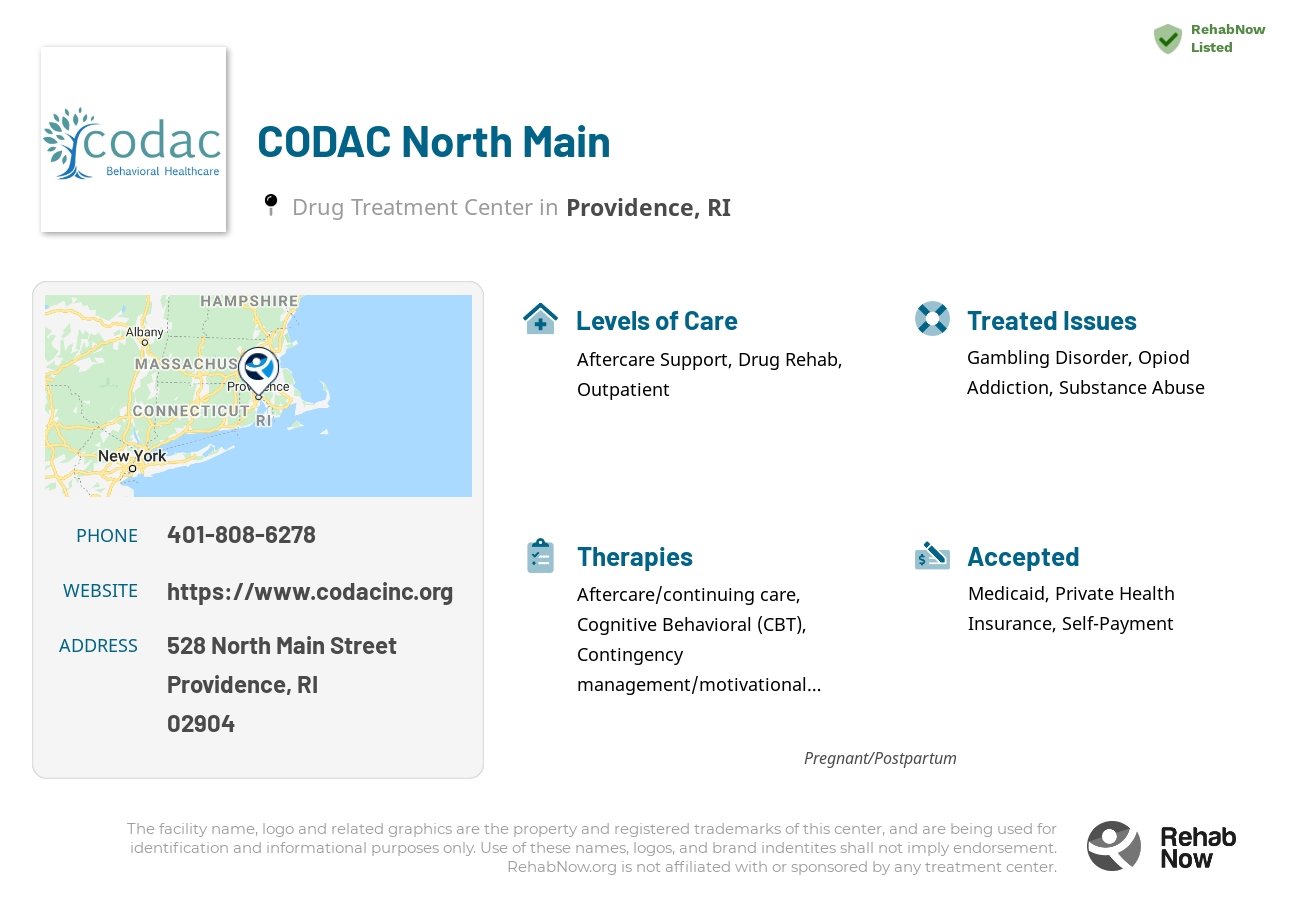 Helpful reference information for CODAC North Main, a drug treatment center in Rhode Island located at: 528 North Main Street, Providence, RI 02904, including phone numbers, official website, and more. Listed briefly is an overview of Levels of Care, Therapies Offered, Issues Treated, and accepted forms of Payment Methods.