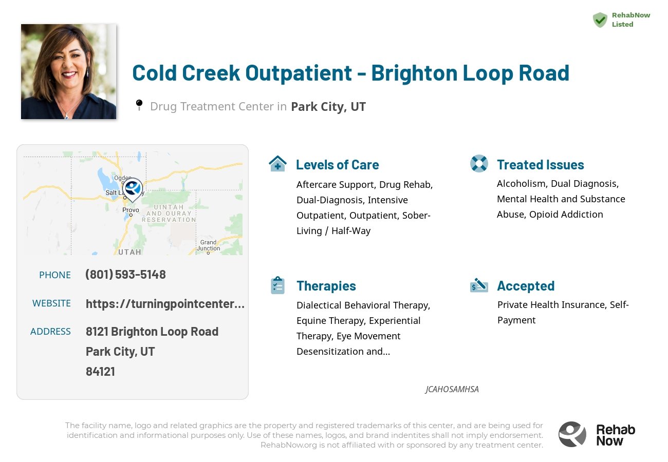 Helpful reference information for Cold Creek Outpatient - Brighton Loop Road, a drug treatment center in Utah located at: 8121 8121 Brighton Loop Road, Park City, UT 84121, including phone numbers, official website, and more. Listed briefly is an overview of Levels of Care, Therapies Offered, Issues Treated, and accepted forms of Payment Methods.
