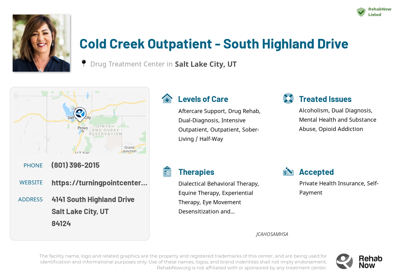 Helpful reference information for Cold Creek Outpatient - South Highland Drive, a drug treatment center in Utah located at: 4141 4141 South Highland Drive, Salt Lake City, UT 84124, including phone numbers, official website, and more. Listed briefly is an overview of Levels of Care, Therapies Offered, Issues Treated, and accepted forms of Payment Methods.