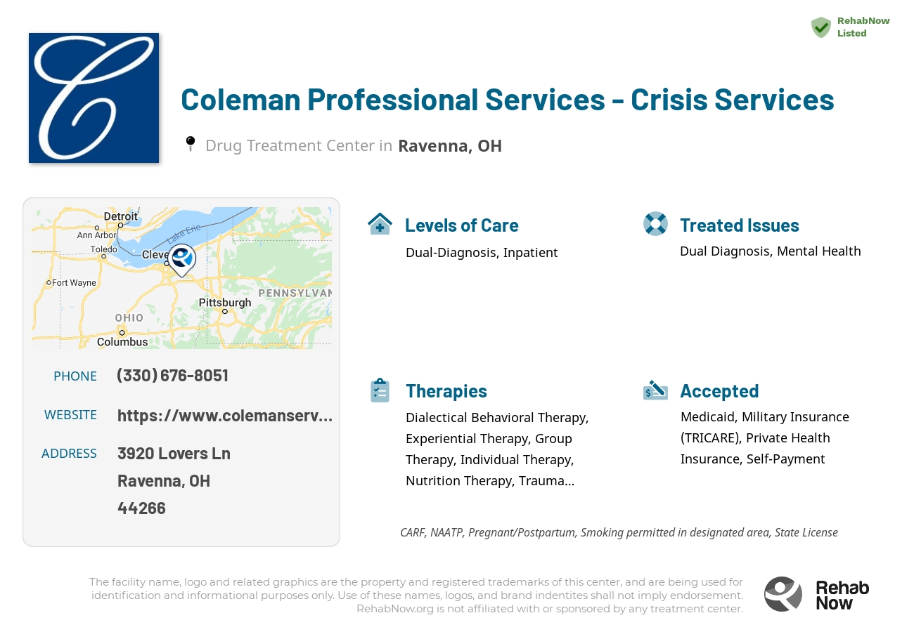 Helpful reference information for Coleman Professional Services - Crisis Services, a drug treatment center in Ohio located at: 3920 Lovers Ln, Ravenna, OH 44266, including phone numbers, official website, and more. Listed briefly is an overview of Levels of Care, Therapies Offered, Issues Treated, and accepted forms of Payment Methods.