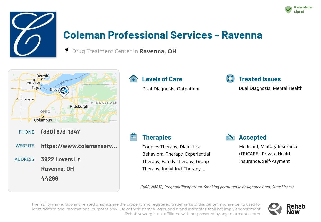 Helpful reference information for Coleman Professional Services - Ravenna, a drug treatment center in Ohio located at: 3922 Lovers Ln, Ravenna, OH 44266, including phone numbers, official website, and more. Listed briefly is an overview of Levels of Care, Therapies Offered, Issues Treated, and accepted forms of Payment Methods.