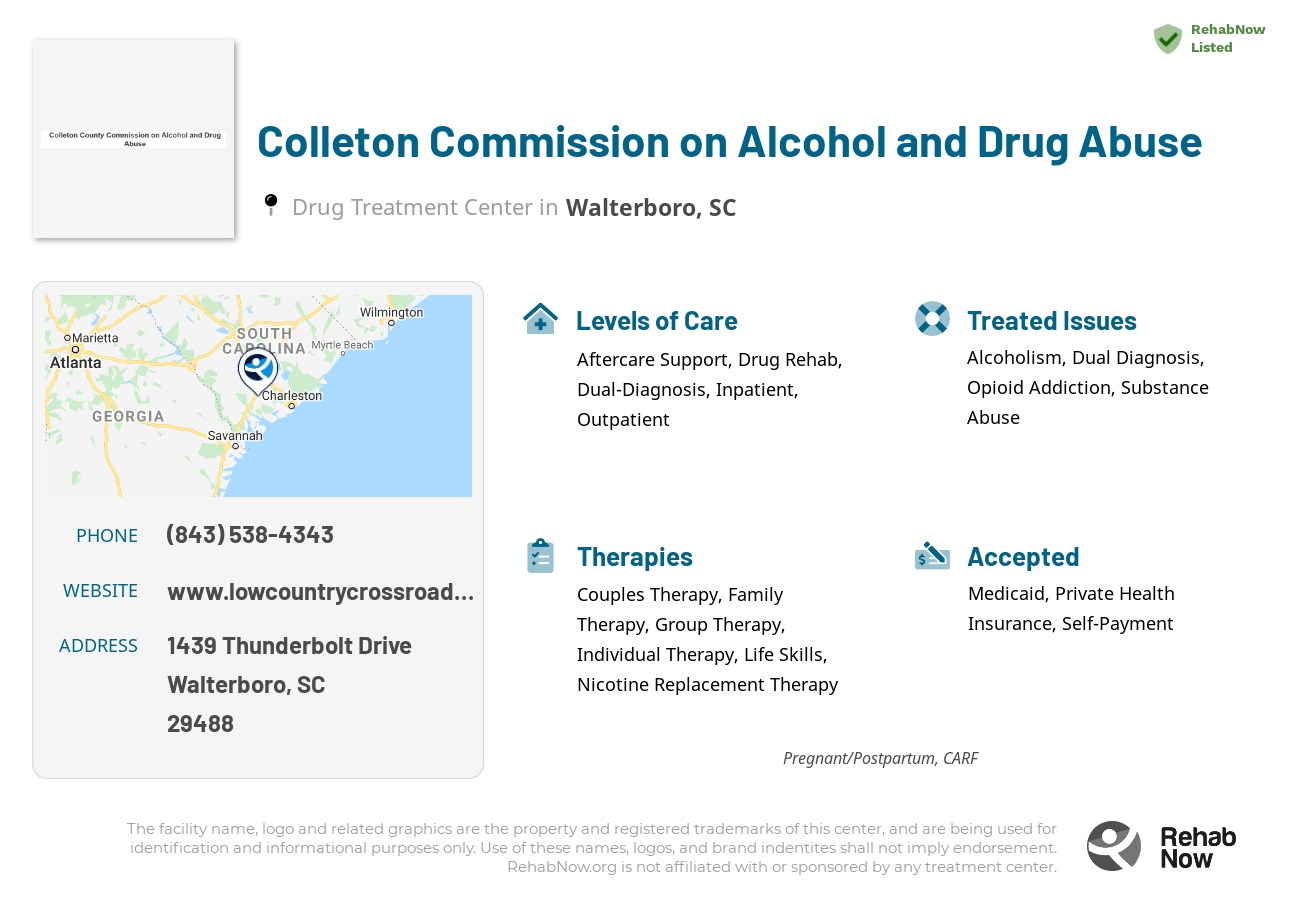 Helpful reference information for Colleton Commission on Alcohol and Drug Abuse, a drug treatment center in South Carolina located at: 1439 1439 Thunderbolt Drive, Walterboro, SC 29488, including phone numbers, official website, and more. Listed briefly is an overview of Levels of Care, Therapies Offered, Issues Treated, and accepted forms of Payment Methods.