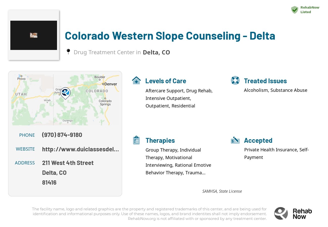Helpful reference information for Colorado Western Slope Counseling - Delta, a drug treatment center in Colorado located at: 211 West 4th Street, Delta, CO, 81416, including phone numbers, official website, and more. Listed briefly is an overview of Levels of Care, Therapies Offered, Issues Treated, and accepted forms of Payment Methods.
