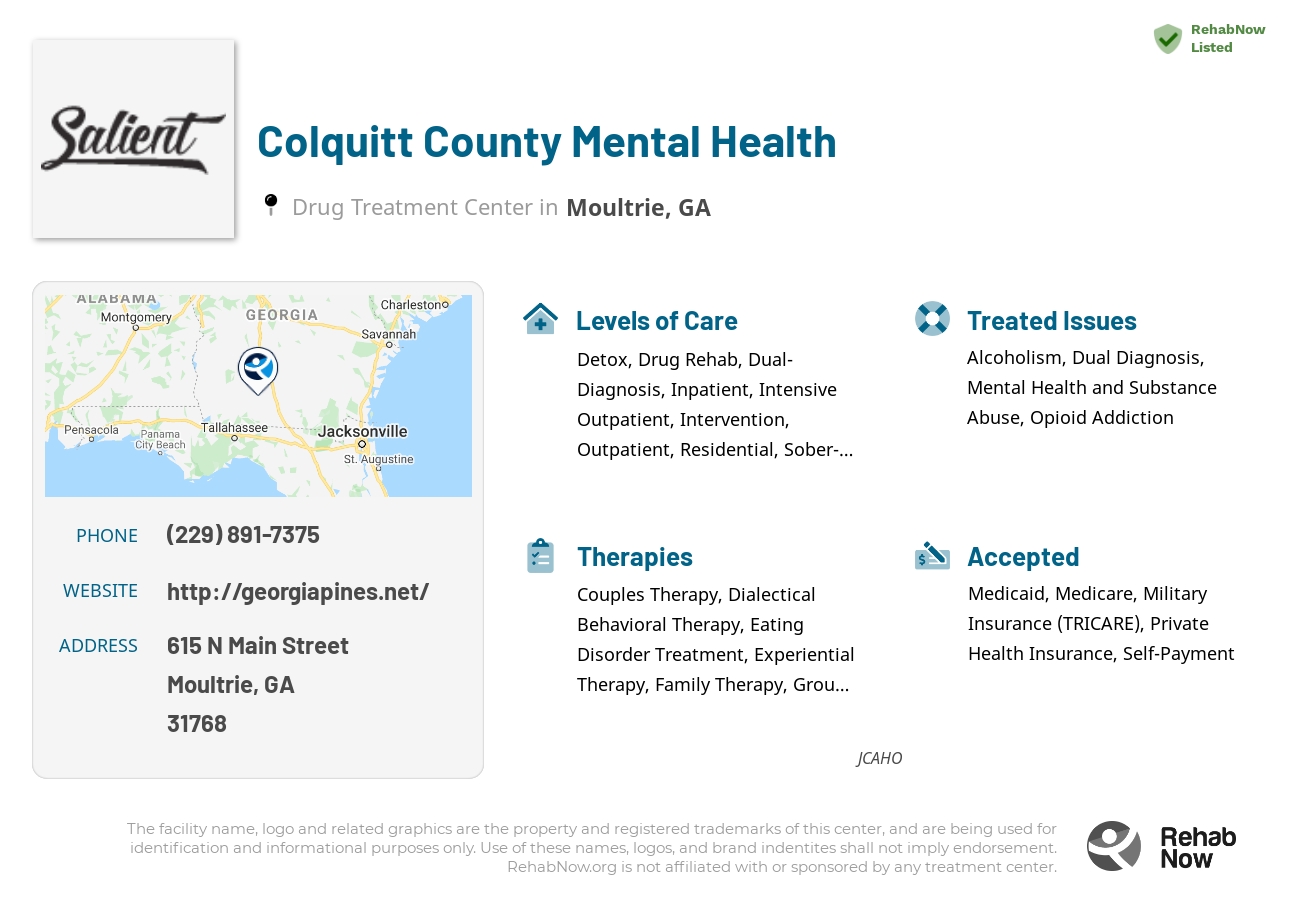 Helpful reference information for Colquitt County Mental Health, a drug treatment center in Georgia located at: 615 615 N Main Street, Moultrie, GA 31768, including phone numbers, official website, and more. Listed briefly is an overview of Levels of Care, Therapies Offered, Issues Treated, and accepted forms of Payment Methods.
