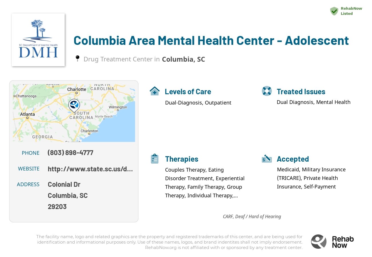 Helpful reference information for Columbia Area Mental Health Center - Adolescent, a drug treatment center in South Carolina located at: Colonial Dr, Columbia, SC 29203, including phone numbers, official website, and more. Listed briefly is an overview of Levels of Care, Therapies Offered, Issues Treated, and accepted forms of Payment Methods.